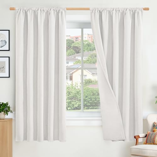 BGment 100% Blackout Greyish White Linen Curtains for Bedroom 63 Inch Length, Room Darkening Drapes Textured Privacy for Living Room with Rod Pocket Thermal Insulated, 2 Panels Set, Each 52 Inch Wide