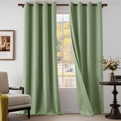 "100% Blackout Linen Textured Curtains 108 Inch Length 2 Panels Set for Living Room, Bedroom, Light Weight Curtains with Grommets Top, Full Blackout Curtains Privacy Protection, Green, 52"" W x 108"" L"