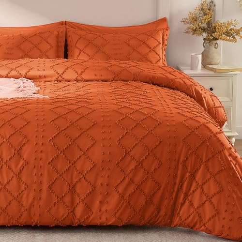 VACVELT 5PCS Burnt Orange Boho Tufted Duvet Cover Queen Size, Zipper & Ties - Premium Microfiber Duvet Set, Soft & Breathable, 2 Tufted & 2 Envelope Pillowcases, Fade & Shrink Resistant, Machine Washable