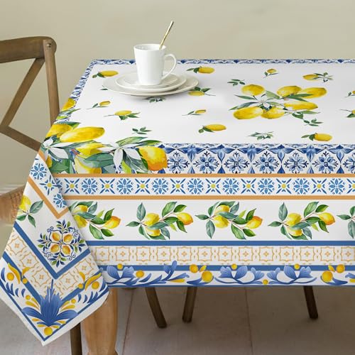 cusugbaso Lemon Tablecloth 52x70 Inches, Bridal Summer Decorations - Water Resistant Summer Mediterranean Tile Style Table Cloth Rectangle for Home, Party,Table, Outdoor Decor