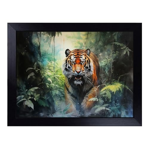 Lap Tray with Bean Bag Cushion, Tiger Watercolour - Handmade in the UK, Raised Wooden Edge, Padded Cushion, Heat-Resistant Wipe-Clean Surface, for Meals, Laptops and Crafts
