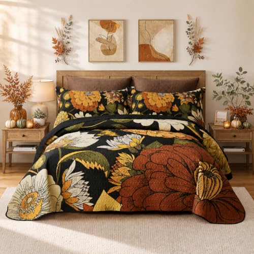 "Tyrot Black Boho Floral Quilt Sets, Twin, C1 - Fall Botanical Bedspread, Reversible Solid Back, Lightweight All-Season Bedding Set, Soft Microfiber, 1 Shams, 68""x86"""