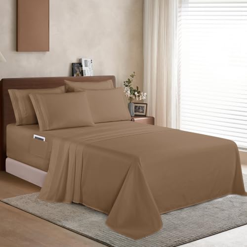 Elegant Comfort 1500 Premium Quality 6-Piece Bed Sheet Set - 18-24 Inch Extra Deep Pocket, Smart Storage Pockets, Wrinkle Free Ultra Soft 6PC Extra Deep Pocket Sheets, Queen, Taupe