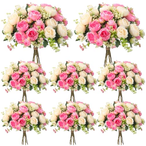 Geosar 8 Bundles Artificial Peonies Flowers Fake Silk Peony Bouquet Faux Peonies Flowers Bulk for Decoration Vase Floral Arrangements Wedding Party Table (Pink,Champagne)