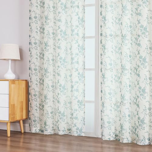 "OWENIE Leaf Sheer Curtains 84 Inches Long 2 Panels Set, Farmhouse Light Filtering Printed Crushed Semi Sheer Patterned Curtains for Bedroom Living Room, Rod Pocket, Each 42"" W x 84"" L"