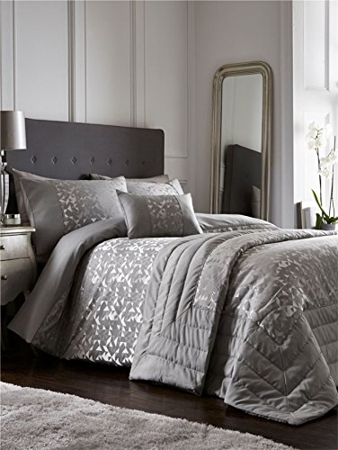 Lucien Jacquard Duvet Cover and Pillowcase Bed Set, Polycotton, Silver, Super King
