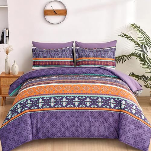 7 Pieces Boho Comforter Set King Purple Striped Bedding Set-YS01AB091042K7U-A