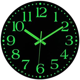 JoFomp Wooden Glow in The Dark Clock, 12 inch Silent Non-Ticking Battery Operated Clock, Energy-Absorbing Luminous Numerals and Hands, Lighted Wall Clock Decoration for Bedroom Living Room (A)