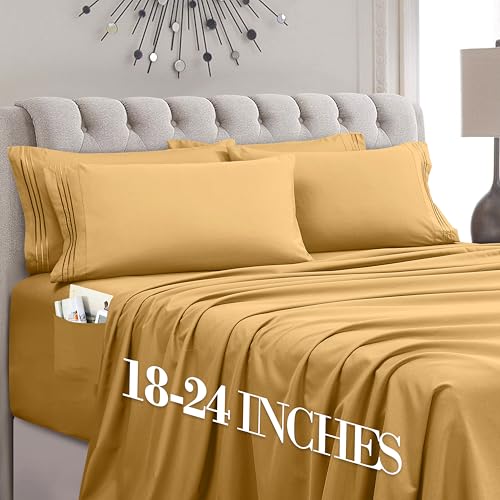 Mocassi Luxury 6-Piece Sheet Set, Ultra Soft 1800 Premium Hotel Quality Microfiber Sheet Set, Fits Mattresses Up to 18 to 24 Inches Extra Deep Pocket - Breathable and Secure Fit, Cal King, Gold