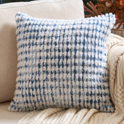 Aeckself Boho Chenille Tufted Pillow Cover 18x18 Inch, Decorative Square Throw Pillow Cover Neutral Pillowcase for Couch Bedroom Living Room, Blue White