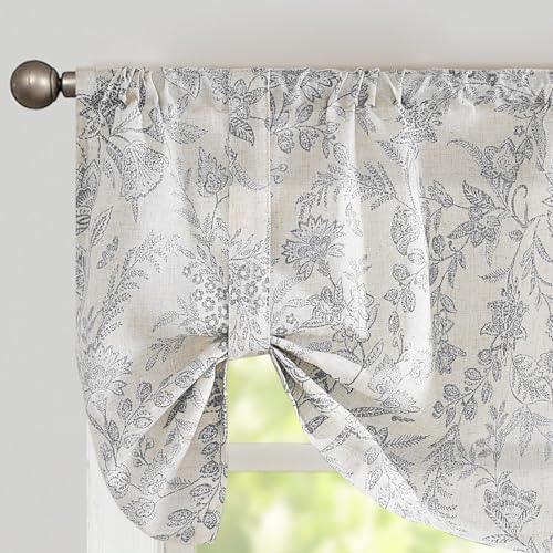 Lazzzy Kitchen Tie Up Valance Curtain - Linen Floral Farmhouse for Living Room, Bathroom, Bedroom - Country Window Treatments, Small Cafe Curtain, 18 Inch Rod Pocket, 1 Panel, Grey on Beige