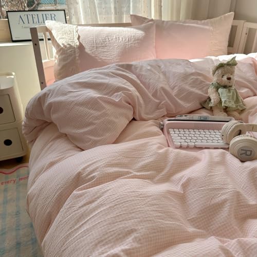 MOTNTD Pink Gingham Duvet Cover Queen Size Off White Lace-Trimmed Queen Comforter Cover Boho Textured Soft Chic Duvet Cover Set with Pillowcases Washed Microfiber Bedding Set Coquette Duvet Protector