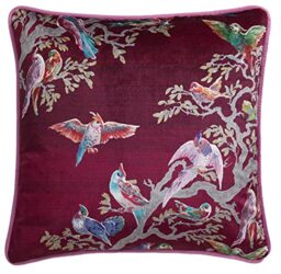 Laurence Llewelyn-Bowen Velvet Cushion – 43x43cm – Pink and Blue Bird Print – Filled Cushion with Piped Edge – Soft Touch Fabric – Birdity Absurdity Collection – Decorative Sofa Pillow