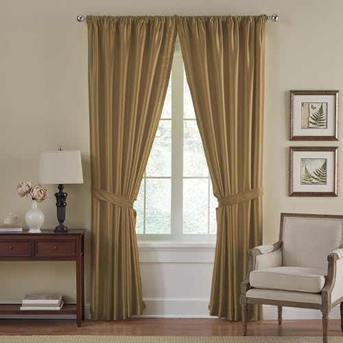 Elrene Home Fashions Faux Silk Room Darkening & Energy Efficient Rod Pocket Window Curtain Solid, Gold, 52 in x 84 in (1 Panel)