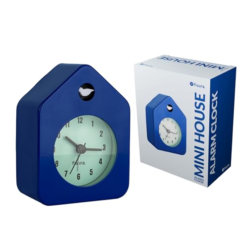 Fisura - Mini Travel Alarm Clock, Silent Non-Ticking Analog, Compact Bedside Clock, Portable, 3.8 x 2.9 x 1.8 in, Battery Not Included, Small Blue House