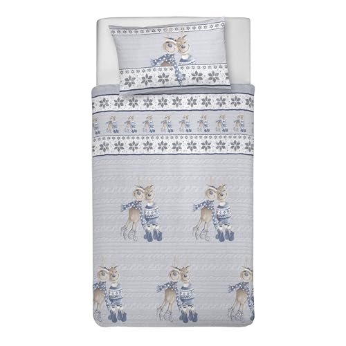 PENSIERI DELICATI Single Duvet Cover Set, 100% Cotton, Complete with 155 x 200 cm Bag and 1 Pillowcase 52 x 82 cm, Made in Italy, Duvet Cover Machine Washable At 40 Degrees, Blue Reindeer Design