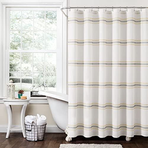 "Lush Decor Farmhouse Stripe Cotton Shower Curtain, 72"" W x 72"" L, Yellow & Gray - Classic Modern Rustic Charm Bathroom Decor"