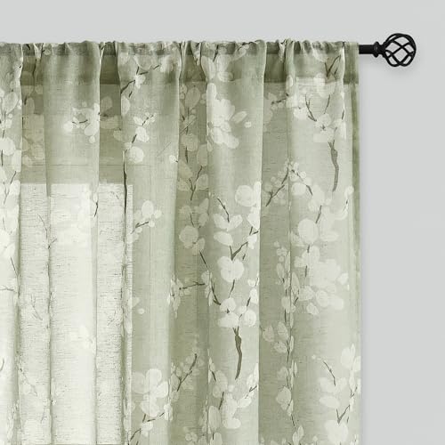 "Fmfunctex Green Sheer Curtains for Living-Room White Blossom Print on Flax Linen Blend Window Drapes 63"" 2 Panels, Sage, Rod Pocket"