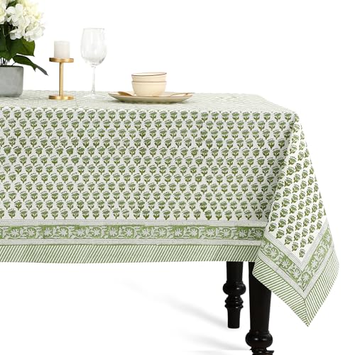 CPC - 100% Cotton Tablecloth Cover - Emerald Green Indian Hand Block Printed - 4-Seater 60x60 Inch - Washable Reusable Rectangular Dining Cloth for Home, Restaurant, Hotel, Event & Everyday Use
