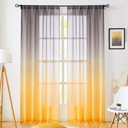 July Joy Faux Linen Ombre Sheer Curtains Yellow and Grey 2 Tone Reversible Rod Pocket for Bedroom Living Room, Privacy and Light Filtering Semi Sheer Gradient Window Curtain Pair, Set of 2 Panels