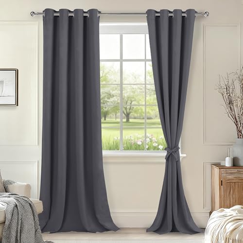 Hiasan Blackout Curtains for Bedroom, 52 x 102 Inches Long - Thermal Insulated & Light Blocking Window Curtains for Living Room, 2 Drape Panels Sewn with Tiebacks, Dark Grey