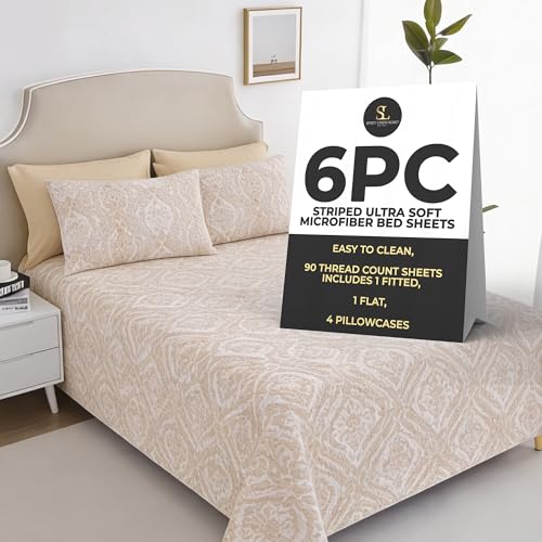 Spirit Linen Home 6-Piece Soft Bed Sheet Set - Full, Taupe Paisley Design - Deep Pocket Soft and Breathable Microfiber Material Bed Sheets with 1 Fitted Sheet, 1 Flat Sheet, and 4 Pillowcases included