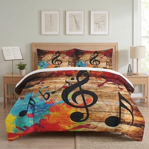 Comforter Set Full Size with 2 Pillowcases, Musical Music Disco Bedding Set for Kids and Adults, Black Retro Woodboard Soft Comforter Set for Bedroom Bed Decor