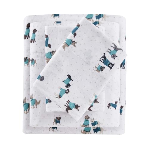 Intelligent Design Cozy Soft 100% Cotton Flannel Print Animals Stars Cute Warm, Ultra Soft Cold Weather Sheet Set Bedding, Twin XL, Teal Dogs 3 Piece