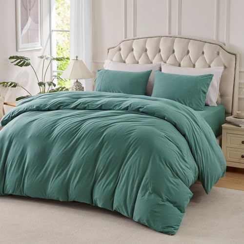 PURE ERA Jersey Knit Duvet Cover Set 100% T-Shirt Cotton Super Soft Comfy 3pc Bedding Set with Zipper Closure (Solid Teal Green, King)