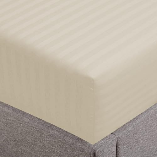 Feather & Stitch 1 Piece Fitted Sheet Twin Size, 100% Cotton Damask Sateen Weave, Striped Breathable, Stretchable Elastic Sheet for Mattress 18 inch Deep Pocket, 500TC Premium Ultra Soft - Beige