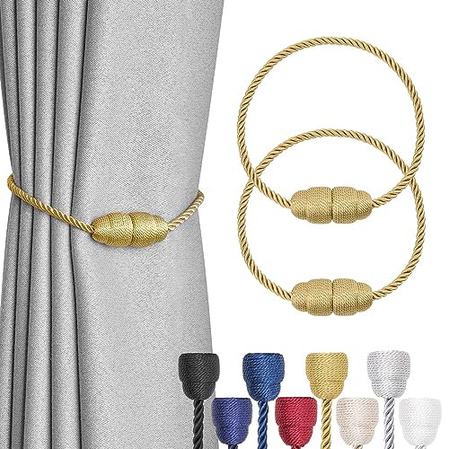 NICEEC 2 Pack Strong Magnetic Curtain Tiebacks Handmade Weave Side Rope Curtain Holdbacks Unique & Elegant Decorative Curtain Drape Tie Backs for Home & Office & Outdoor Window Drapery (Gold)