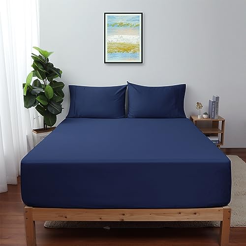 "Queen Size Fitted Sheet Only Navy Blue, 100% Egyptian Cotton 600 Thread Count, 16"" Deep Pocket Premium Cotton Mattress Sheet (1 Bottom Sheet Only)"