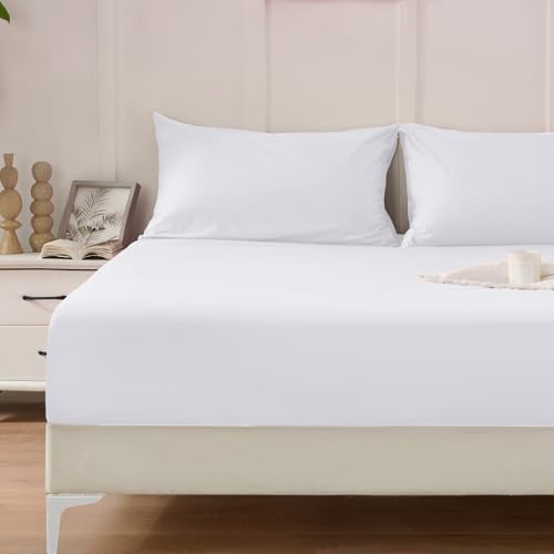 Homiest 3PCS Pure Cotton Fitted Sheet & Pillowcase Set, King Size, 400 Thread Count, Soft & Breathable, 15 Inch Deep Pocket, Luxury 5-Star Hotel Quality Cotton Sheets, White