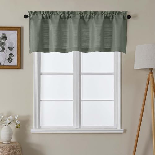 "Lecloud Olive Green Valance for Windows 1 Piece, 18 Inch Textured Window Valance Small Cafe Kitchen Curtain, Rod Pocket Short Curtain for Bedroom Bathroom Laundry Basement, 60"" W x 18"" L"