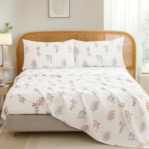 "Cozaline 100% Cotton Sheet Set King Size ??? 4-Piece Chic Garden Floral White Bedding Set, Soft Breathable Percale Weave, Deep Pocket Fitted Sheet 17.5"", Crisp Cool Feel, Refined Botanical Elegance"
