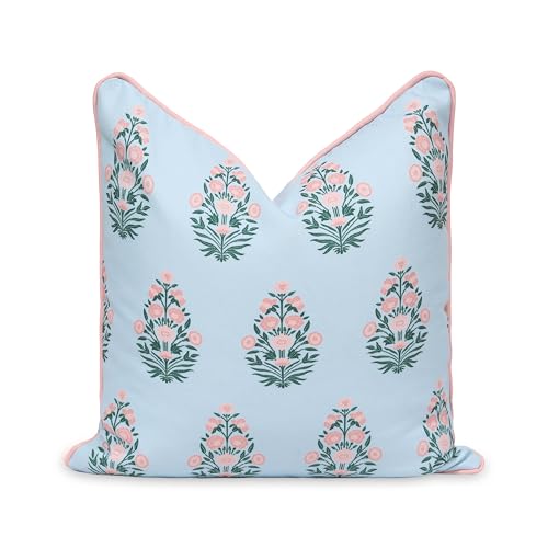 "Hofdeco Premium Coastal Patio Indoor Outdoor Throw Pillow Cover Only, 18""x18"" Water Repellent for Backyard, Couch, Baby Blue Blush Pink Floral with Piping"
