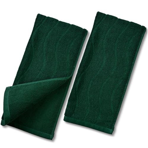 Jacquotha 2-Piece Hand Towels Set in Forest Green, Wavy Striped Jacquard Towels for Bathroom Kitchen Gifts (13x29 Inches, 100% Cotton)