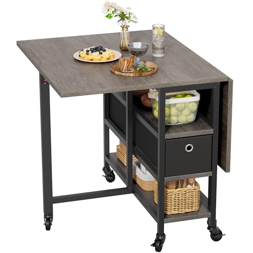 YITAHOME Folding Dining Table, Mobile Drop Leaf Table with 6 Wheels & Storage Drawers for Small Spaces, Kitchen, Dining Room, Grey Oak and Black