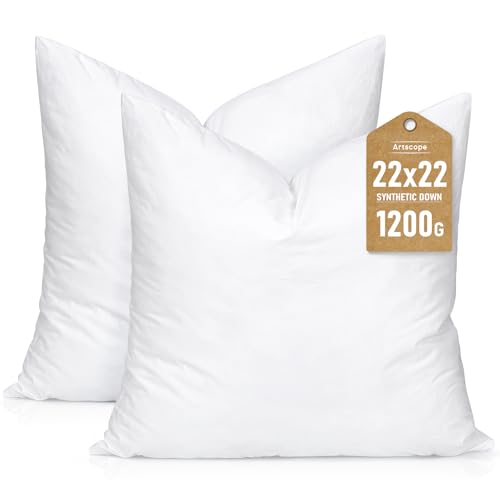 Artscope Synthetic Down Pillow Insert, 22x22 Down Alternative Throw Pillow Insert. Ultra Soft Fluffy Sleeping Pillow with 100% Cotton Cover, Decorative Pillows Set of 2-White.