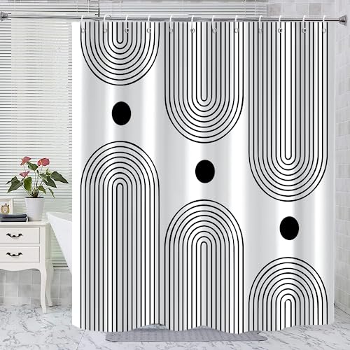 "GKLEASG White and Black Shower Curtain, Boho Minimalist Mid Century Modern Arch Geometric Machine Washable Waterproof Fabric for Bathroom Bathtub Decor with Hooks 72""x72"""