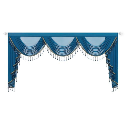 VOGOL Extra Wide Sheer Curtains Valance, 79 Inches Wide European Style Breathable Silky Waterfall Valances for Bedroom Bathroom Nursery, Rod Pocket Swag Curtain with Tassels, 1 Panel, Dark Blue