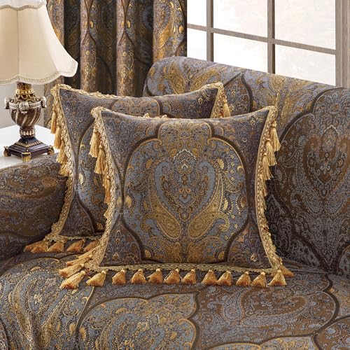 Loom and Mill 1 Piece Luxury Throw Pillow Covers 20x20 Inch, Classic Antique Decorative Pillow Cover with Tassels, Jacquard Damask Pillow Cases for Living Room Bedroom Sofa Couch Chair(Bronze Gold)