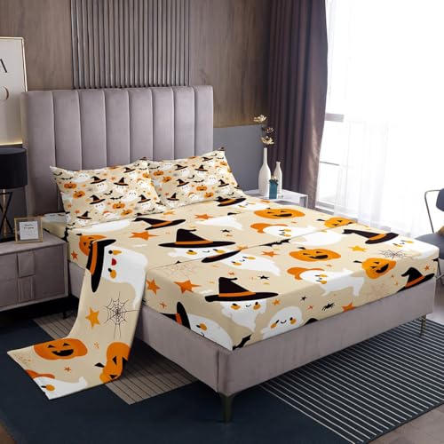 Feelyou Halloween 4 Pieces Sheet with 16 Inch Deep Pockets King Size Kids Cartoon Ghosts Bedding for Boys Girls Teens Pumpkin Bed Sheets Set Bats Beige