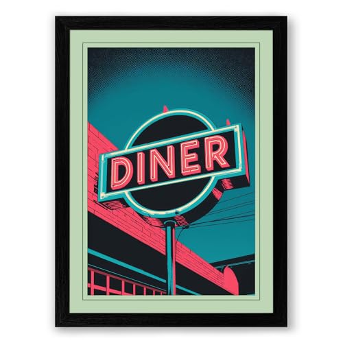 Neon Diner Sign Retro Framed Wall Art Print A2 (59.4×42cm) Black, Wall Decor for Living Room, Bedroom, Office & Home, Ready to Hang, Art Gift