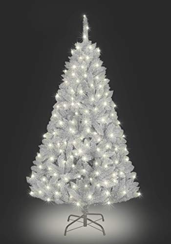 7ft/2.1m Pre-Lit White Bushy Imperial Pine Artificial Deluxe Christmas Tree Hinged Branches 1084 Pencil Point Tips with 300 Warm White LEDs Metal Stand Xmas Home Decorations