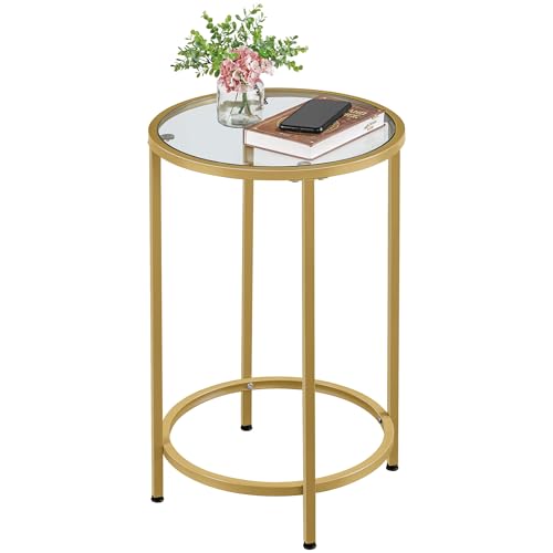 Yaheetech Round Side Table, Small Glass Coffee Table With Sturdy Metal Frame, Modern End Table with Tempered Glass Top, Sofa Table for Living Room/Bedroom, Gold