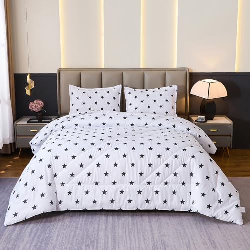 Caressma Star Galaxy Comforter Queen Size Teen Boy Girl Bedding Microfiber White Set 3 Pieces with Pillowcases for All Seasons