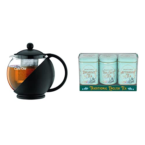 Caf?? Ole CMP-07TP Everyday Round Tea Pot Infuser Basket Glass Teapot Loose Leaf 700 ml/24 oz, Black & New English Teas Vintage Victorian Tea Tins with Loose-Leaf Tea