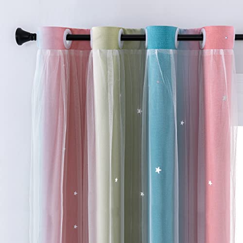 XiDi Curtains for Bedroom Decor, Rainbow Pink-Blue-34-96 - 34 x96 inch, pink and blue layered curtain, kids and girls bedroom decor, white sheer overlay,room darkening, grommet top