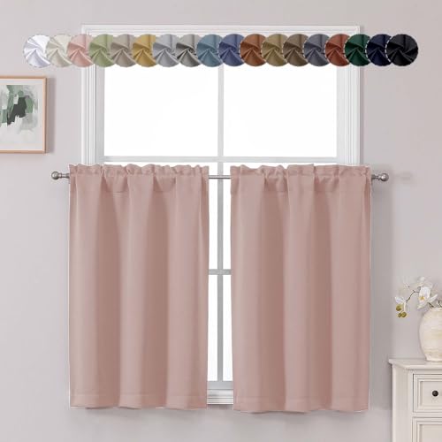 "Chyhomenyc Blush Pink Short Blackout Curtains 36 Inch Length, Small Kitchen Curtain Tier Rod Pocket Half Window Curtains for Bathroom Basement Cabinet Camper RV Bunk, 2 PCS, Each 30"" Wx36 L"